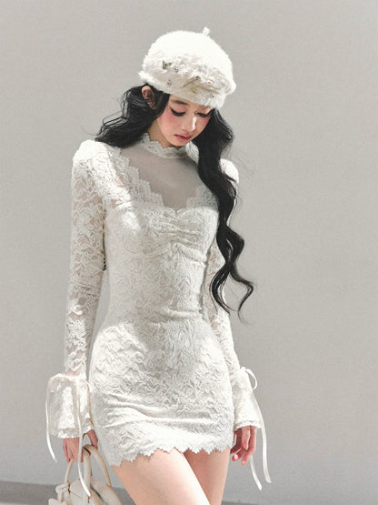 Lace Mesh Long-Sleeve Mini Dress