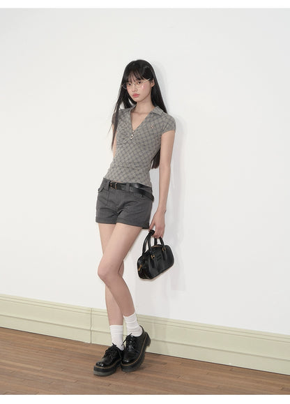 Pleated Checkered Polo V-Neck T-shirt