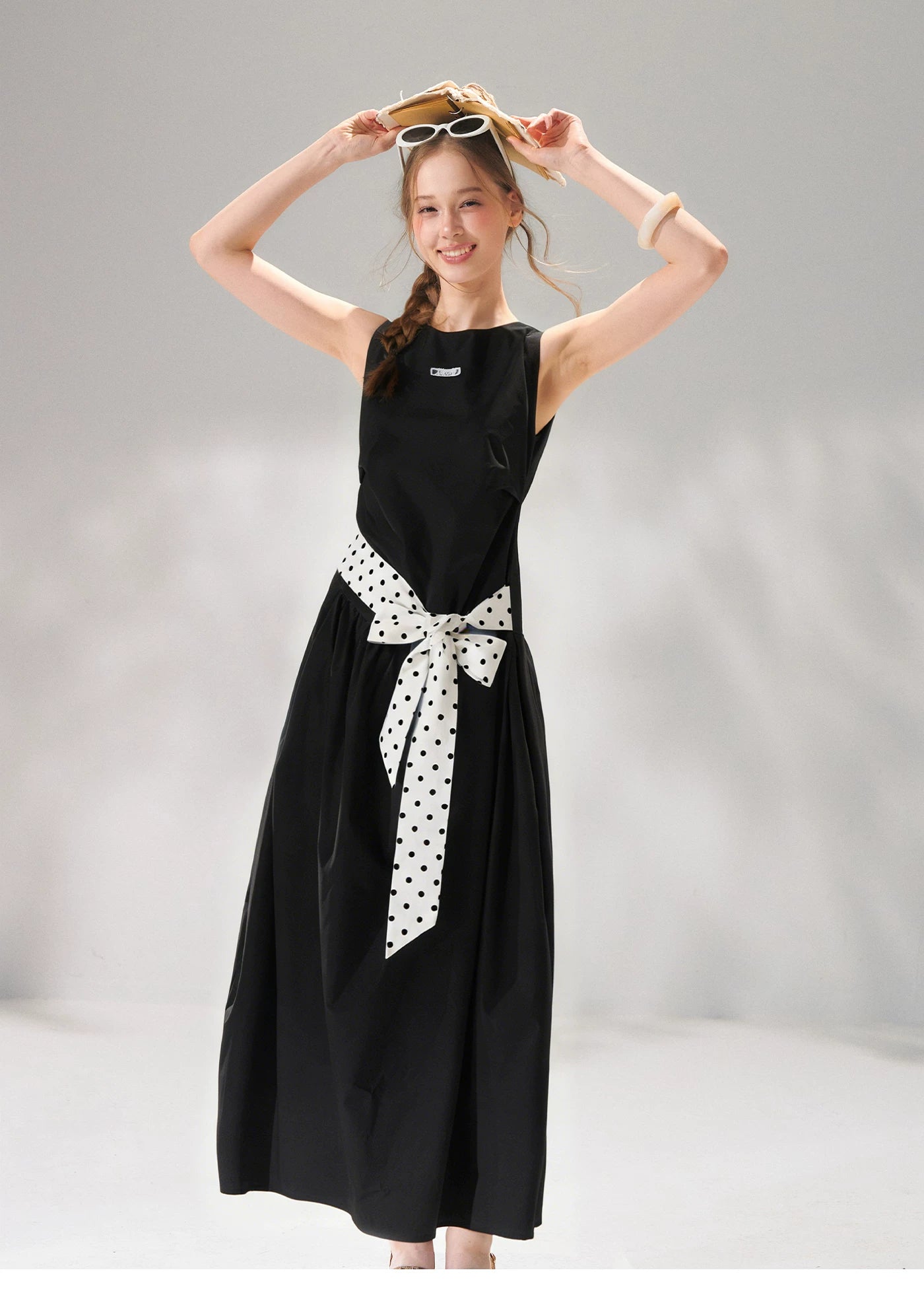 Polka-Dot Tie-Waist Sleeveless Midi Dress