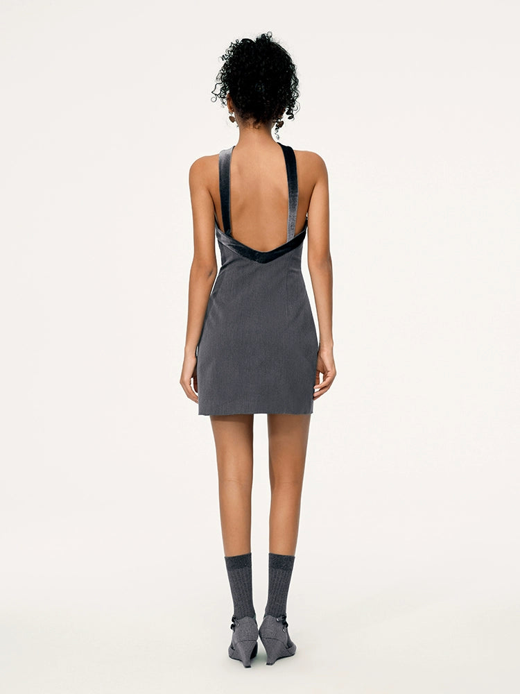 Black &amp; Grey Bowknot Strapless Halterneck Dress - CHINASQUAD