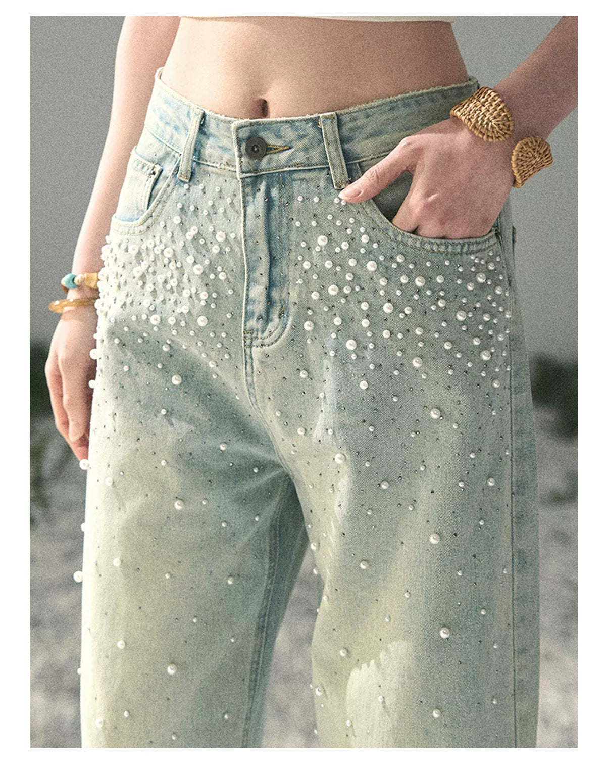 Pearl Studded Straight Leg Jeans