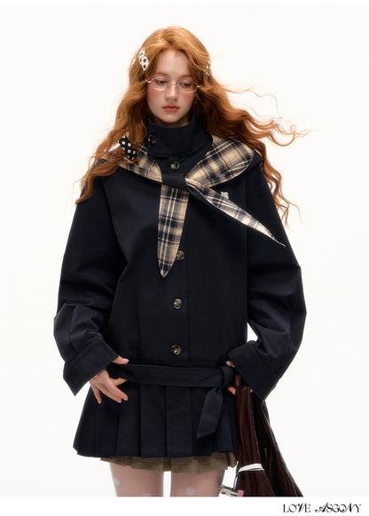 Detachable Bunny-Ear Pleated Trench Coat