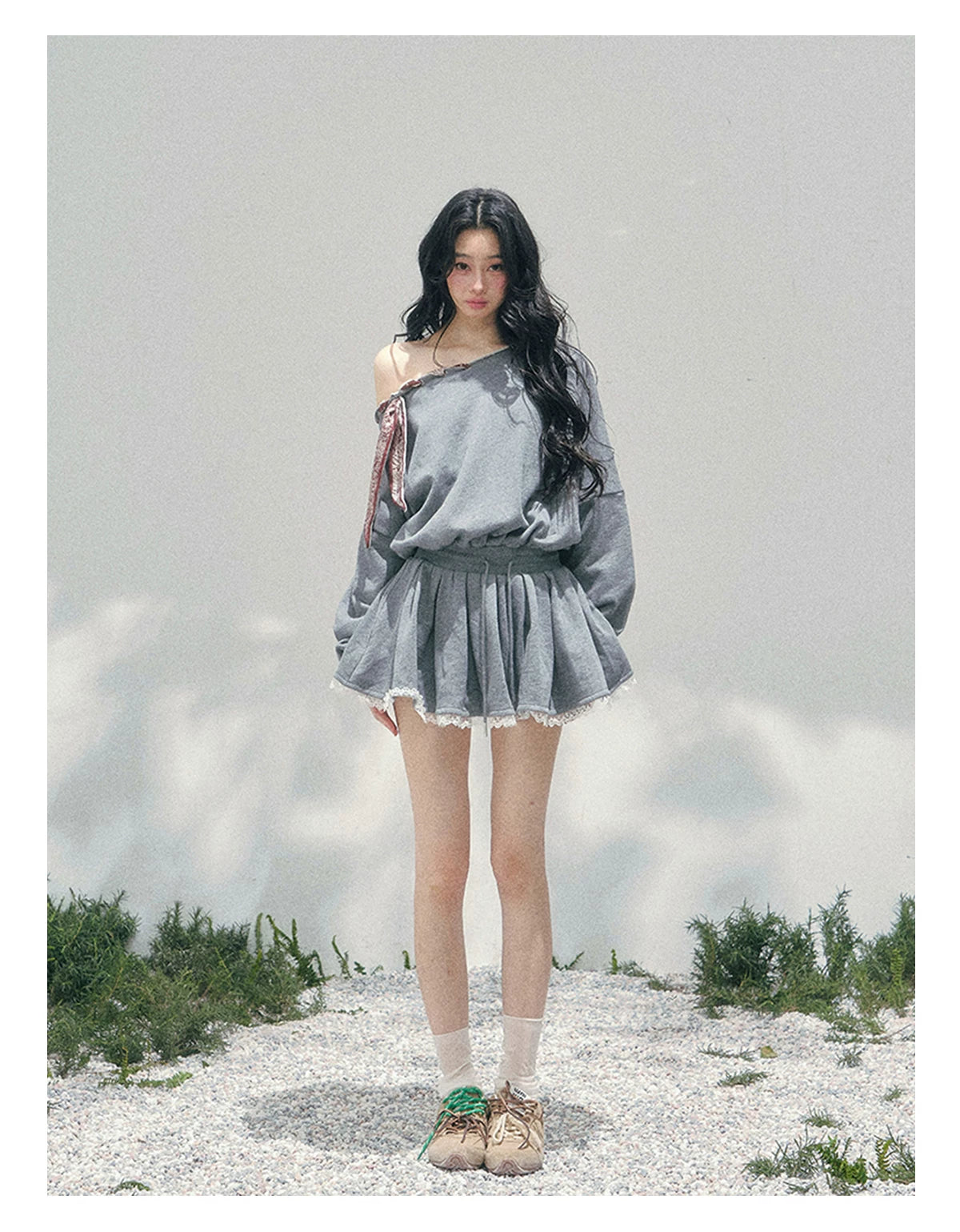 Off-Shoulder Scarf Sweatshirt Dress Gray / S