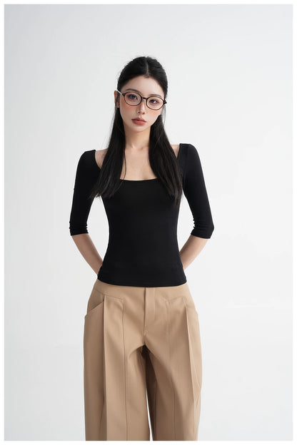 Lyocell Open-Back Fitted Mid-Sleeve T-Shirt