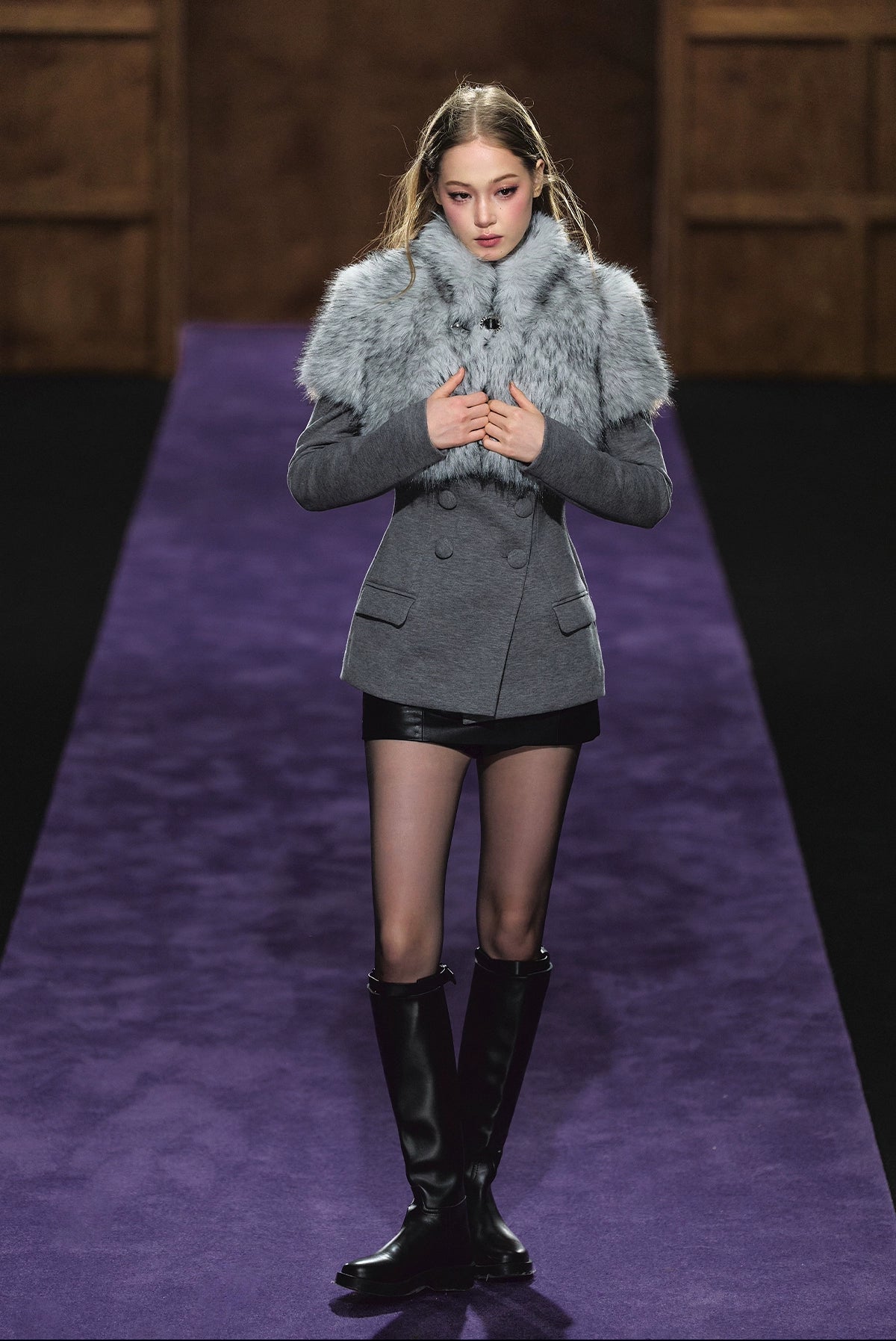 Ombre Short Faux Fur High-Neck Cropped Jacket