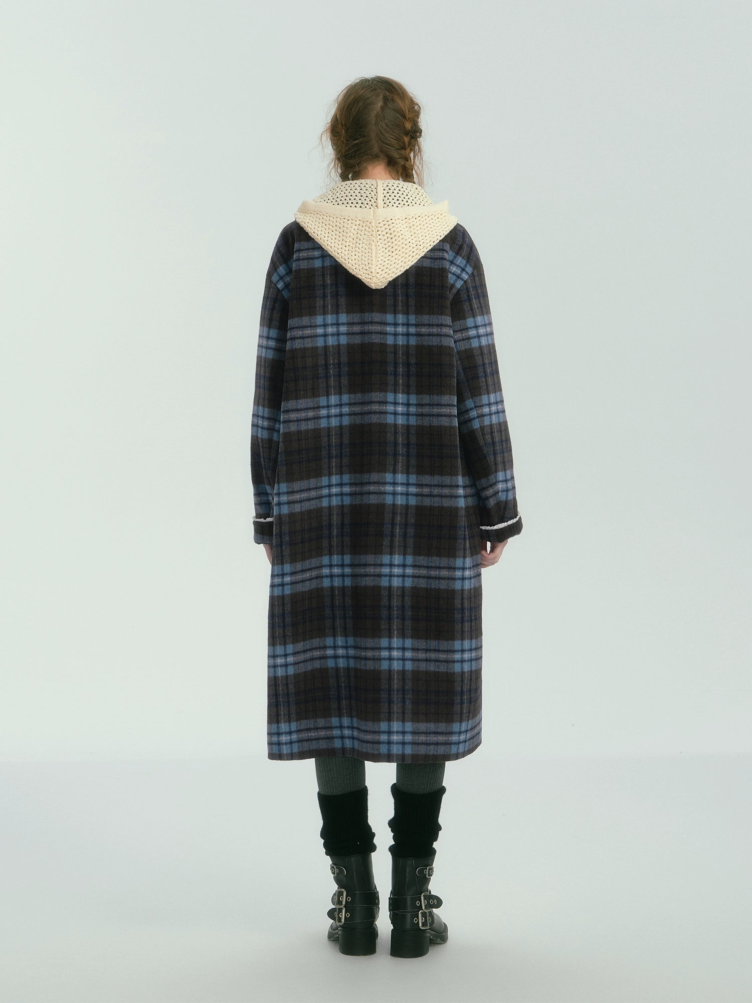 Contrast Plaid Long Woolen Coat