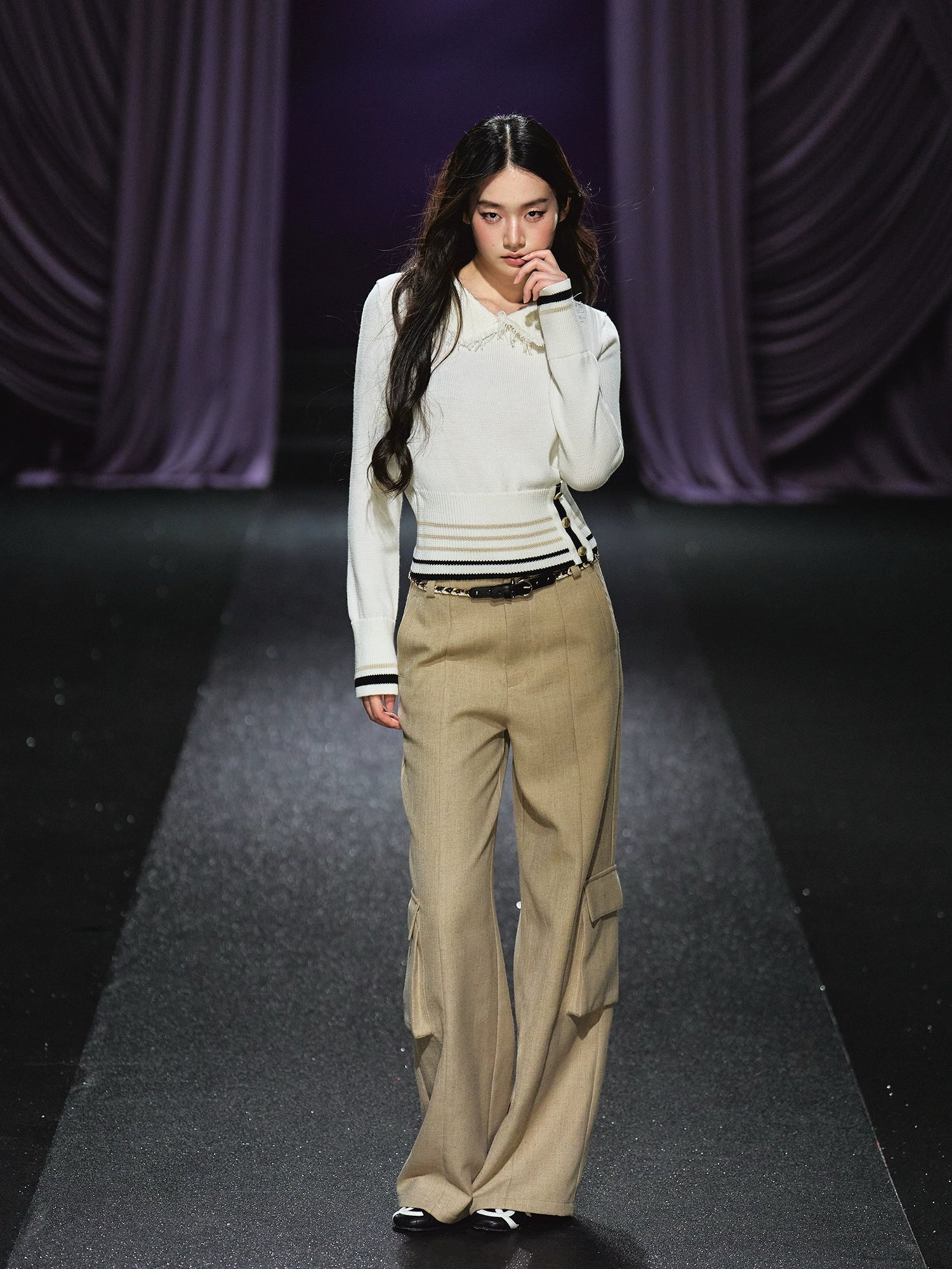 Tweed Braided Belt High-Waist Wide-Leg Pants