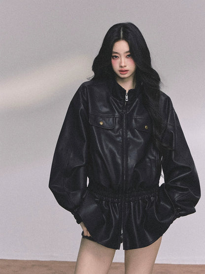 Desert Edge PU Leather Stand-Collar Jacket