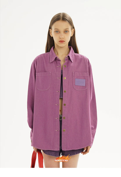 Purple &amp; Green Metal Button Pocket Denim Shirt - CHINASQUAD