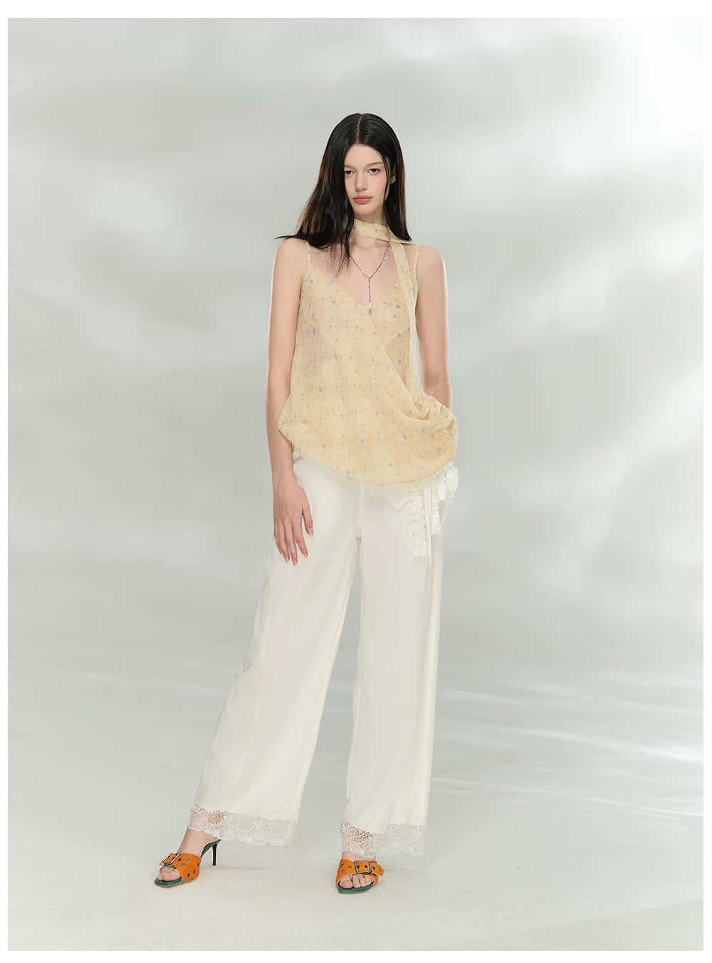 Asymmetric Ribbon Tie Sheer V-Neck Camisole