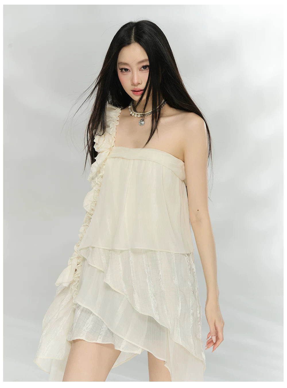 Asymmetric Ruffle Rose Detail Layered Dress