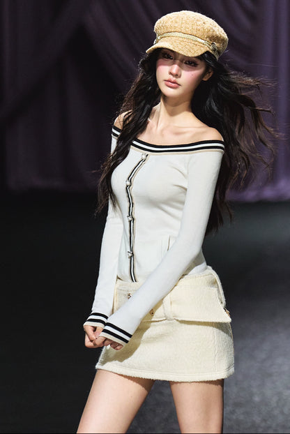Off-Shoulder Wool-Blend Slim Knit Cardigan