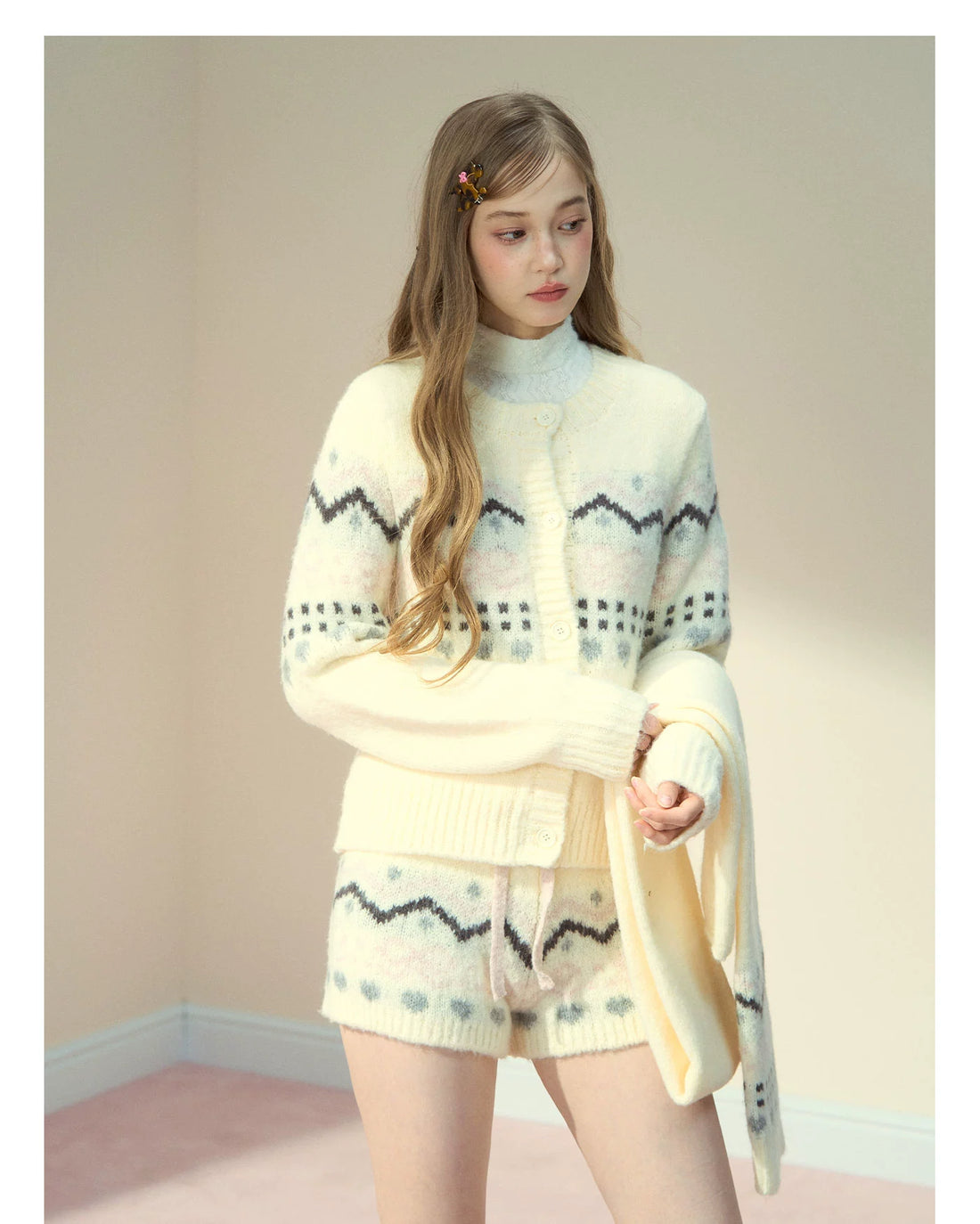 Fair Isle Knit Cardigan &amp; Shorts &amp; Scarf