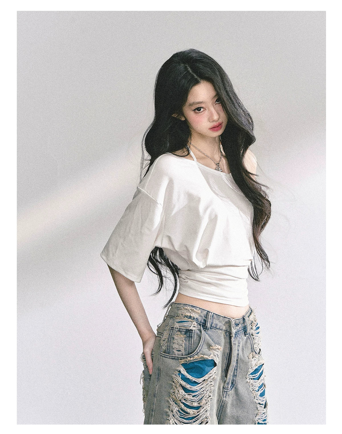 Asymmetric Short-Sleeve Halter Crop T-Shirt