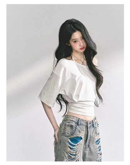 Asymmetric Short-Sleeve Halter Crop T-Shirt