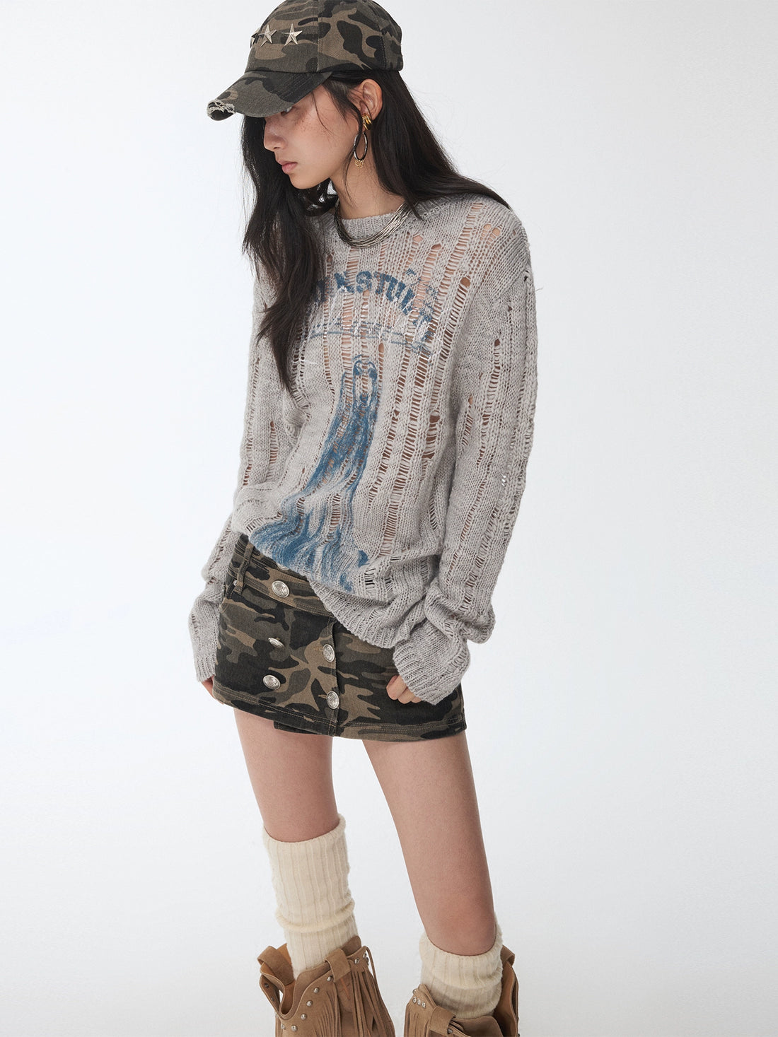 Washed Camo Double-Breasted Canvas Skort