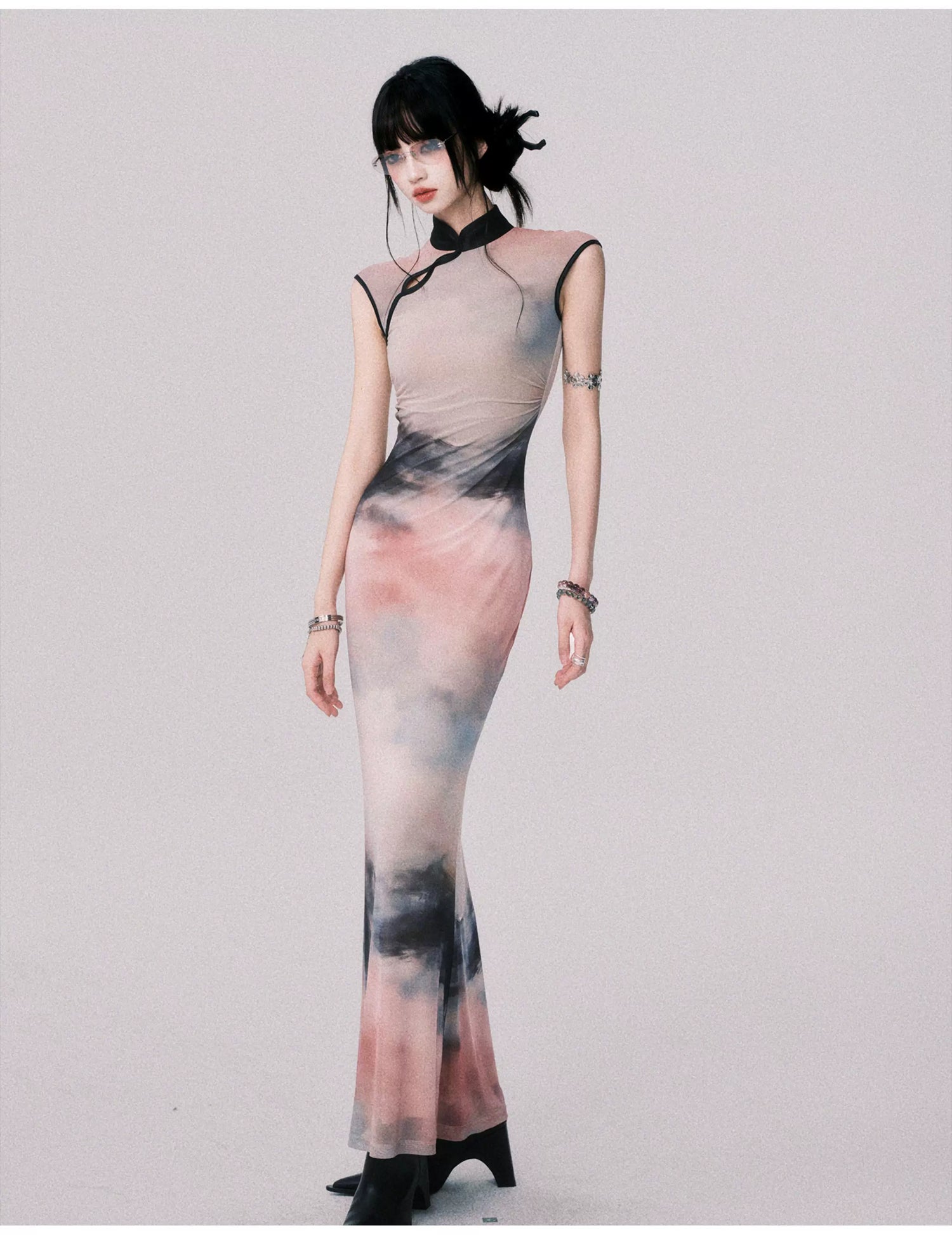 Stretch Mesh Cheongsam Maxi Dress