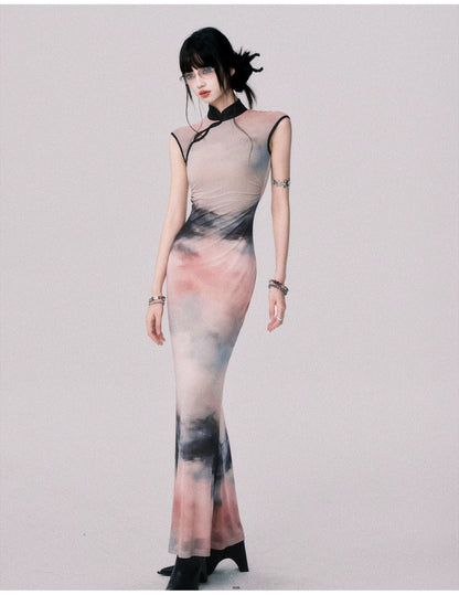 Stretch Mesh Cheongsam Maxi Dress