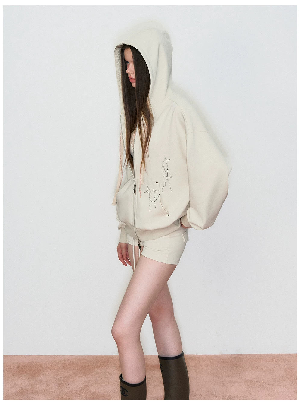 Rhinestone-Embellished Hooded Sweatshirt Jacket