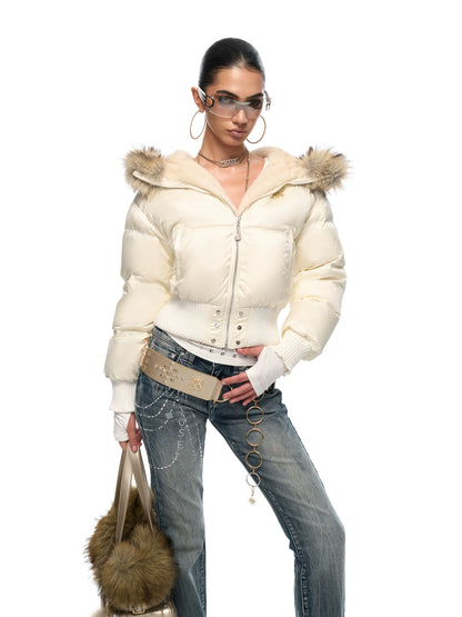 Vintage Waist-Cinched Cropped Down Jacket