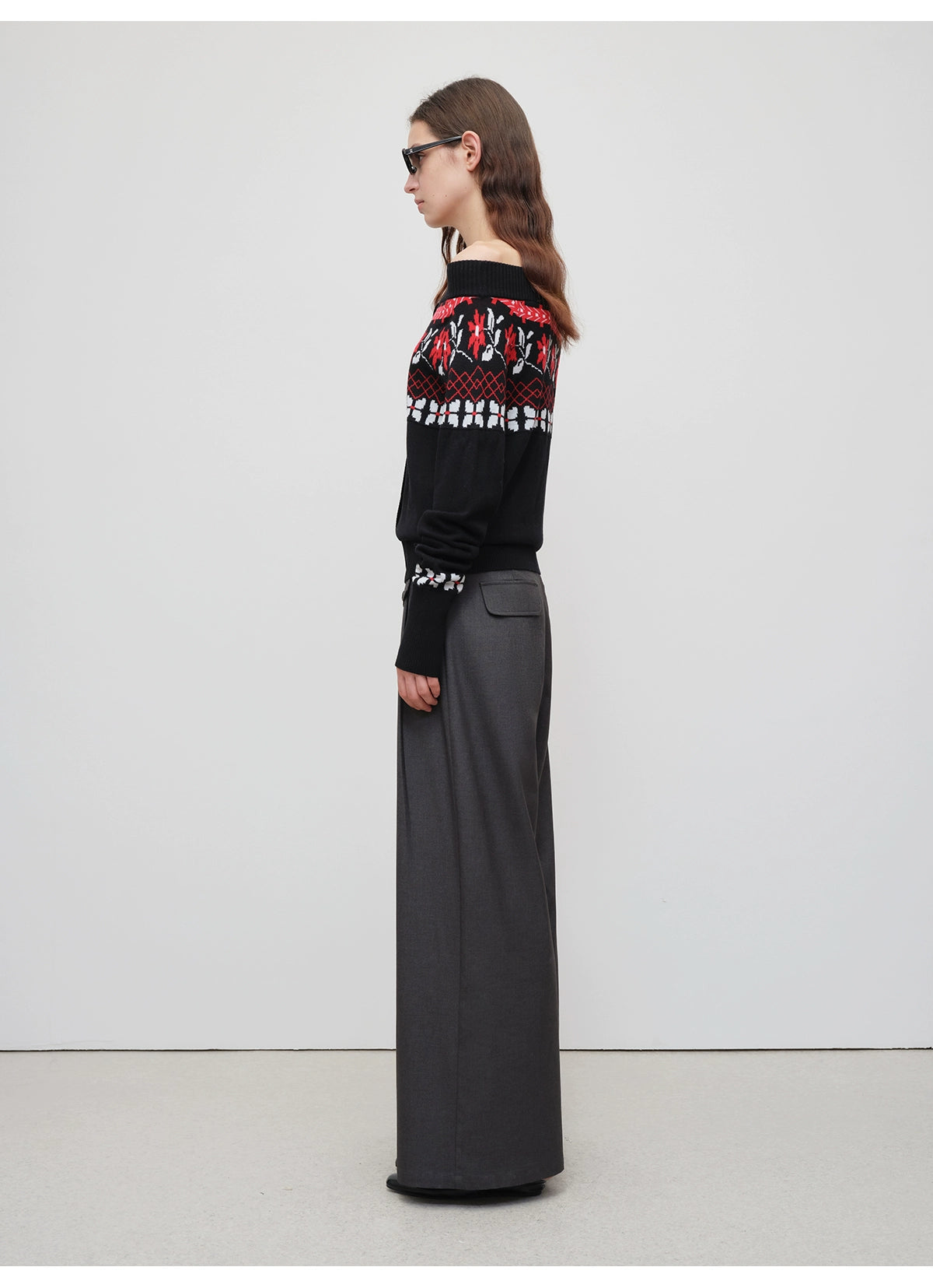 Air Isle Off-Shoulder Wool Knit Sweater