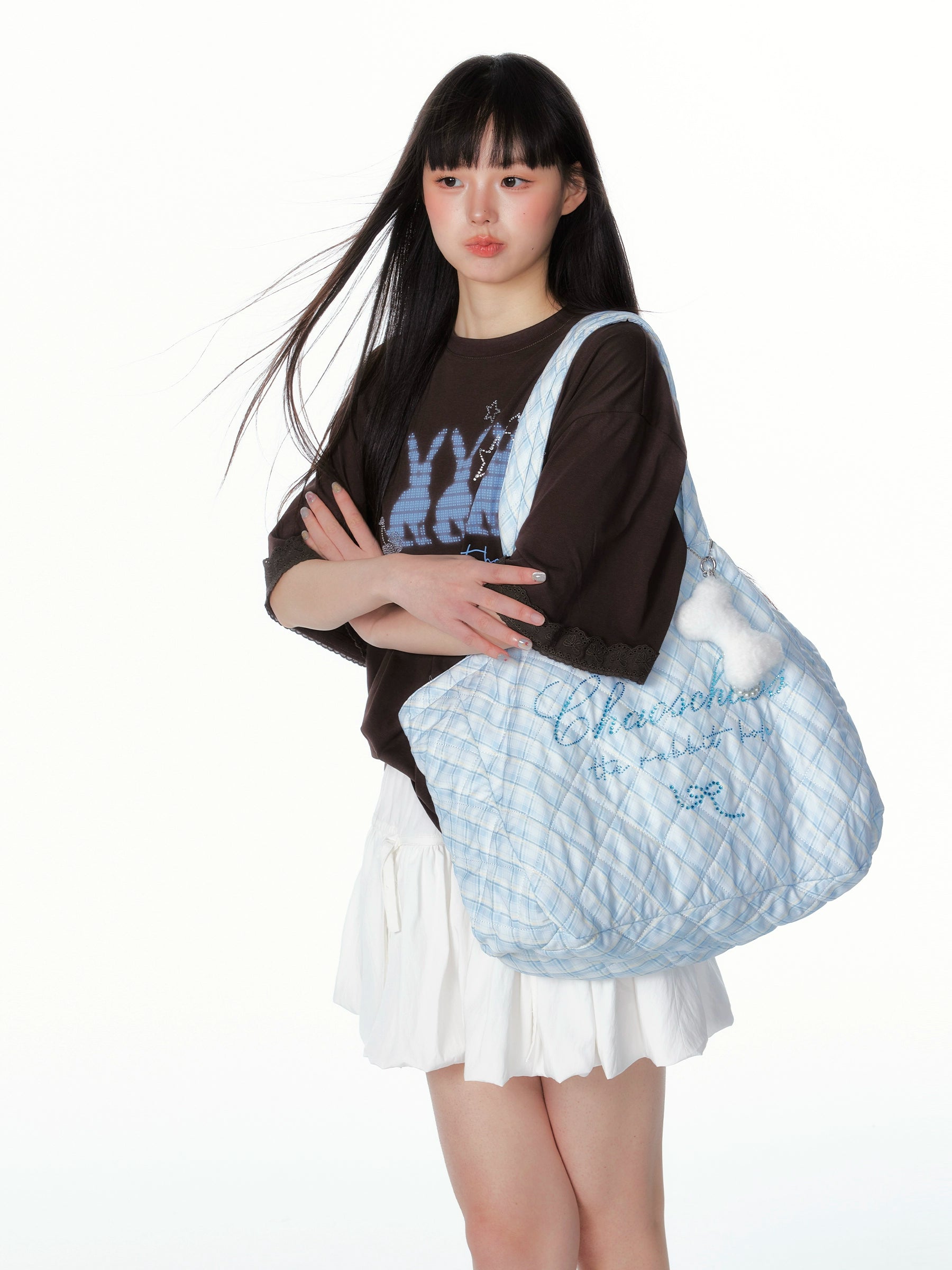 Crystal-Embellished Plaid Large Tote Bag