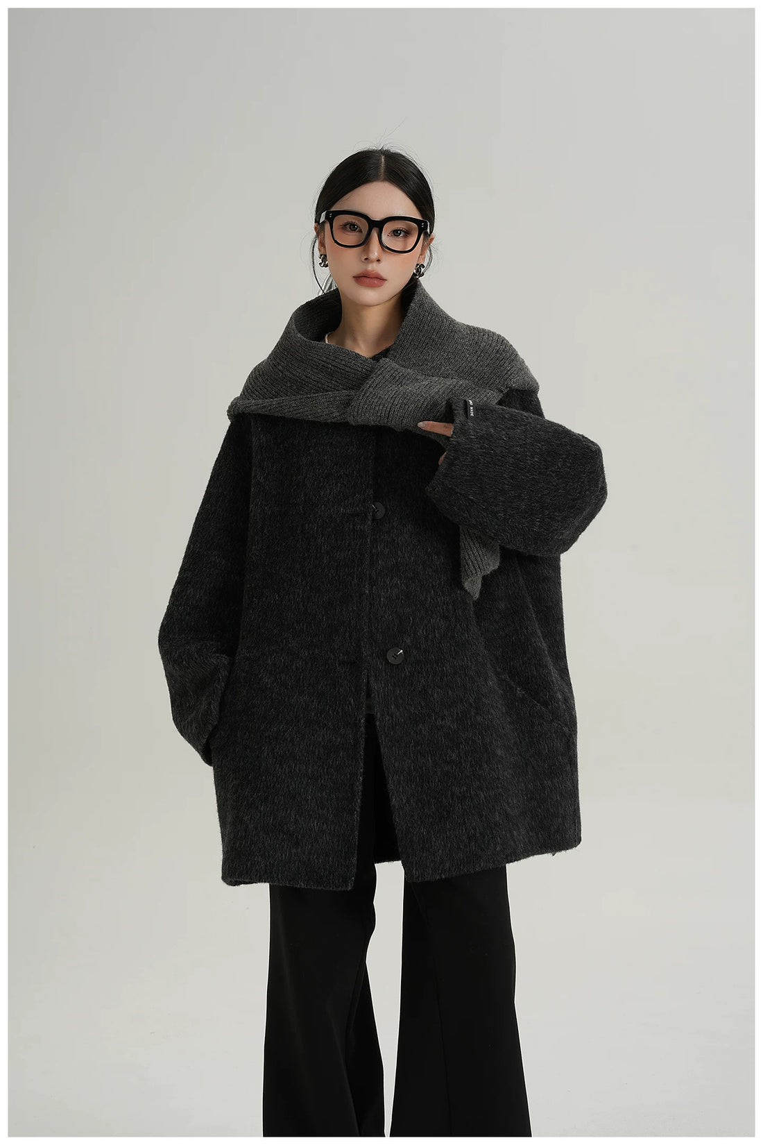 Knitted Hooded Scarf Mid-Length Wool Coat