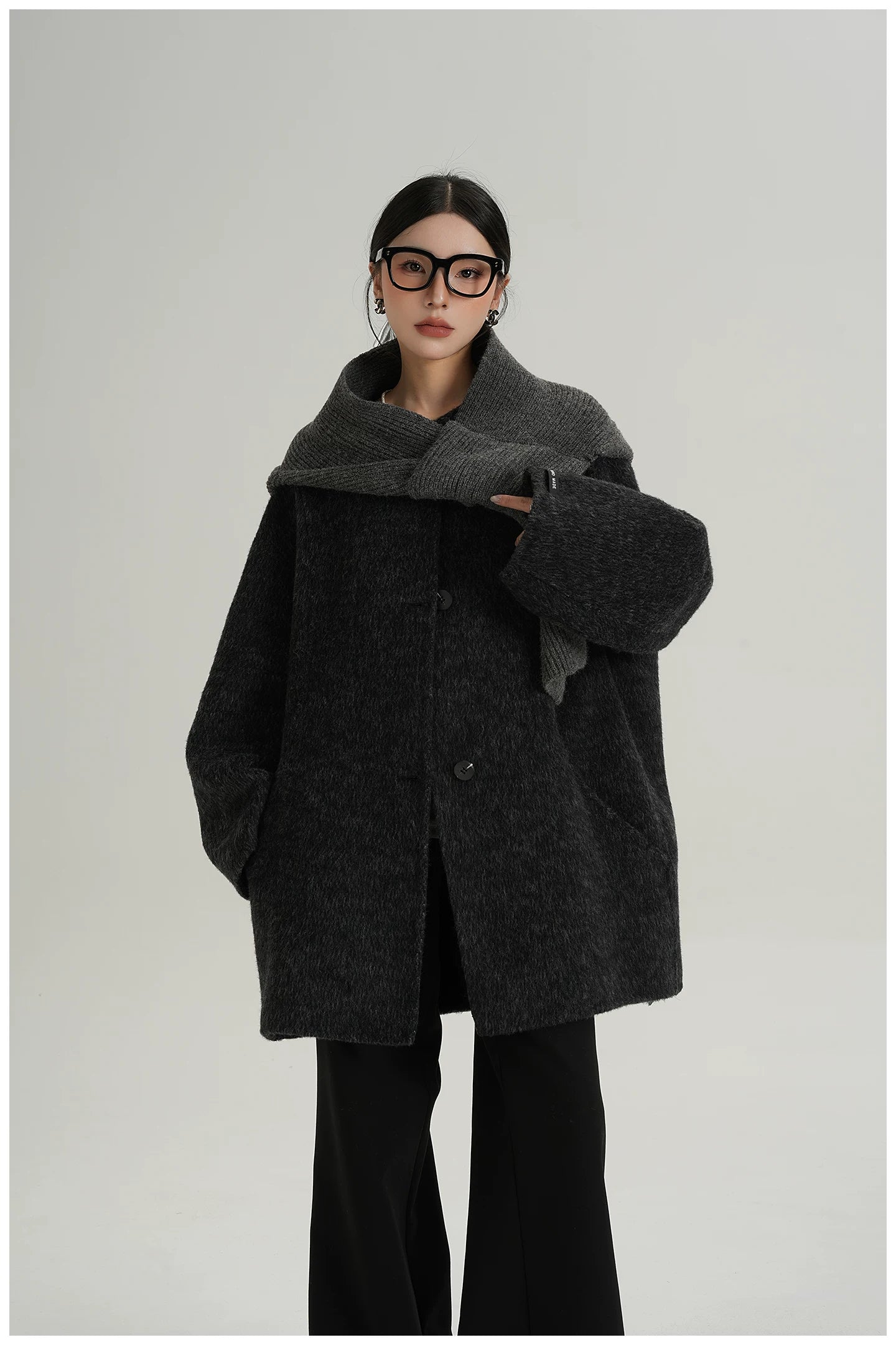 Knitted Hooded Scarf Mid-Length Wool Coat