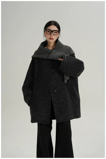 Knitted Hooded Scarf Mid-Length Wool Coat