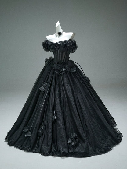 Nightfall Black Tulle Ball Gown with Floral Accents