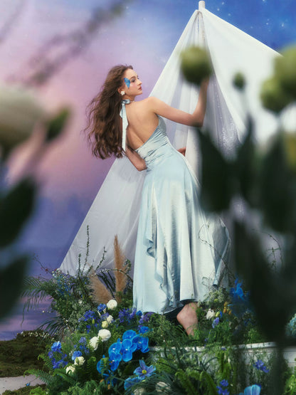 French Resort Halter Blue Floral Satin Dress