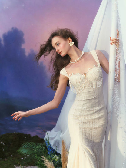 Vintage Shell-Texture Stretch Mermaid Slip Dress