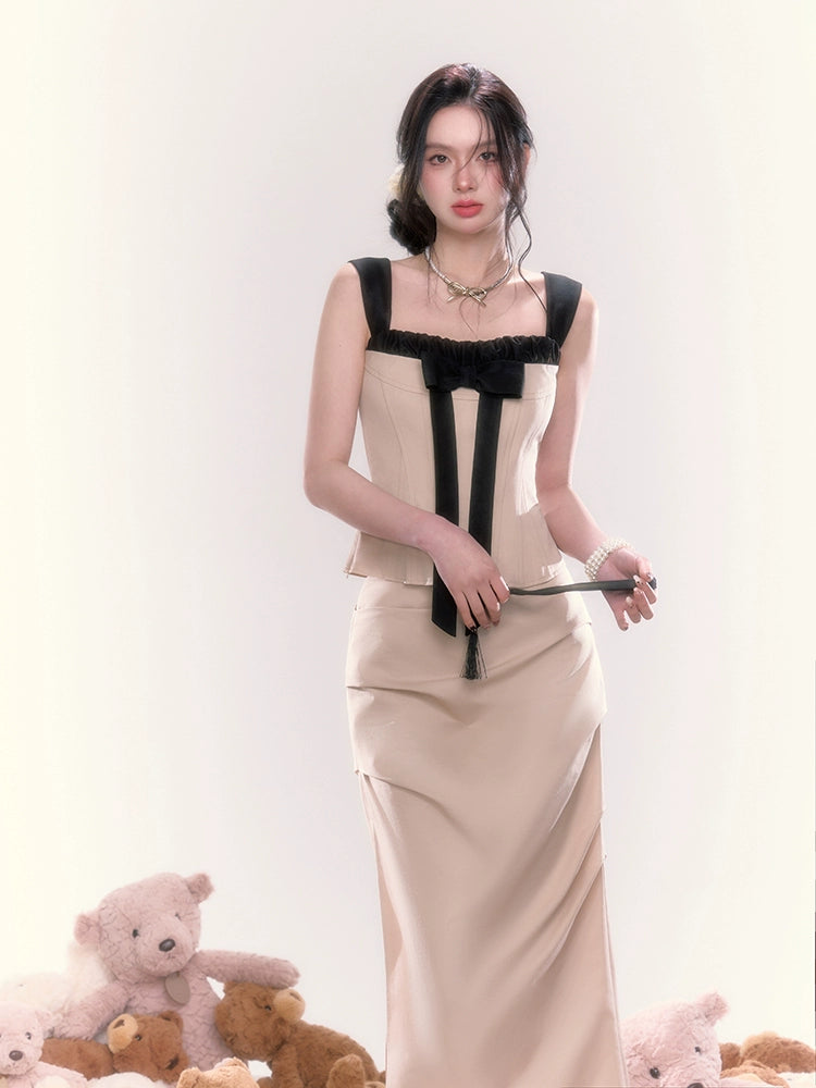 Bow Tie Spaghetti Strap Top &amp; Side Slit Long Skirt Set - CHINASQUAD