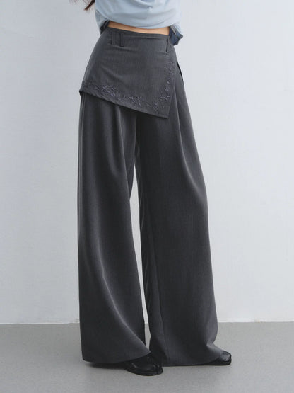 Embroidered Panel Wide-Leg Tailored Trousers