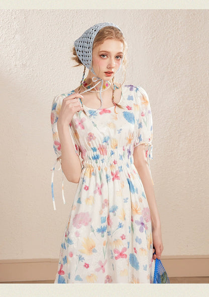 White Floral Puff Sleeve Round Neck Dress