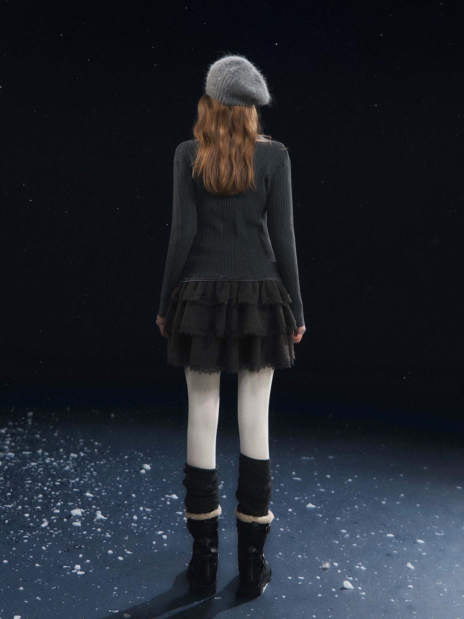 Lace-Panel Velvety Tiered Skirt