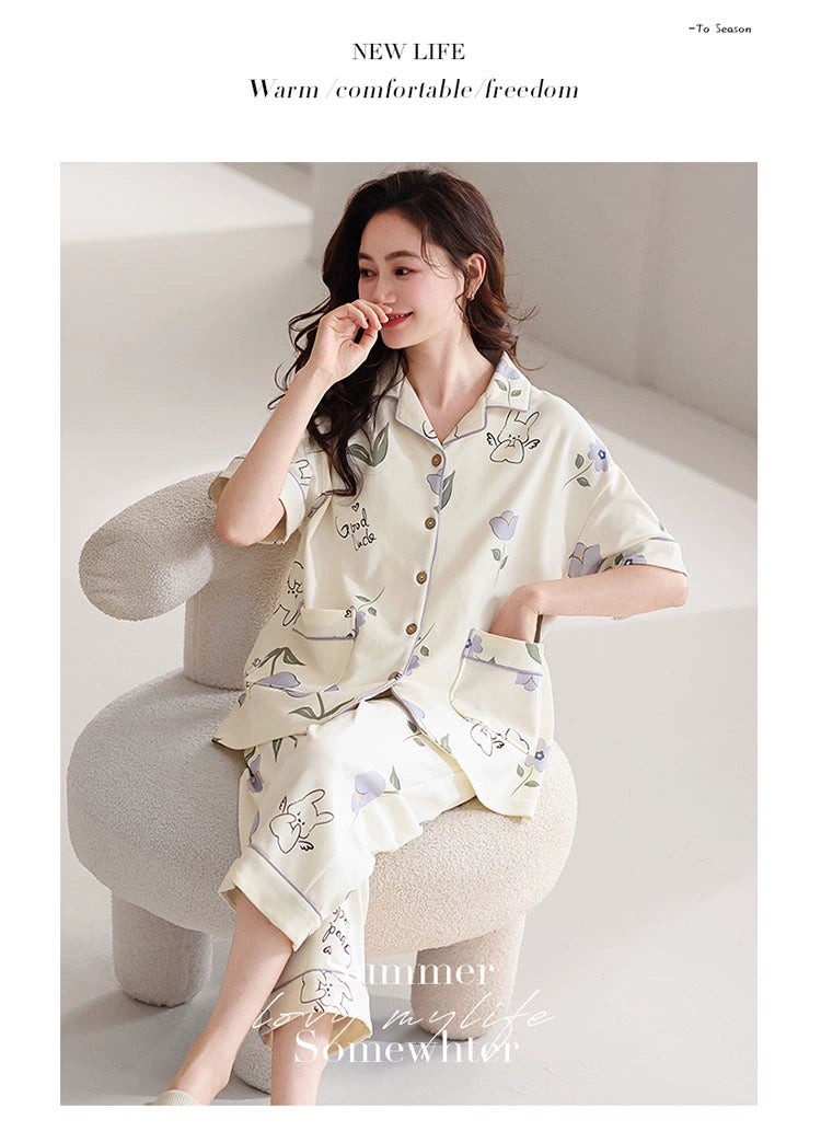 Cute Short-sleeved Cotton Home Loungewear Set