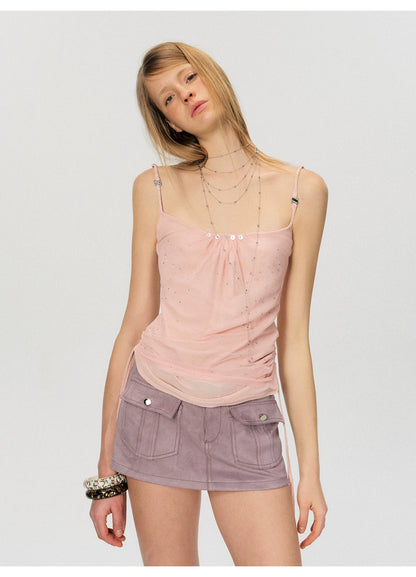 Crystal-Embellished Sheer Ruched Camisole