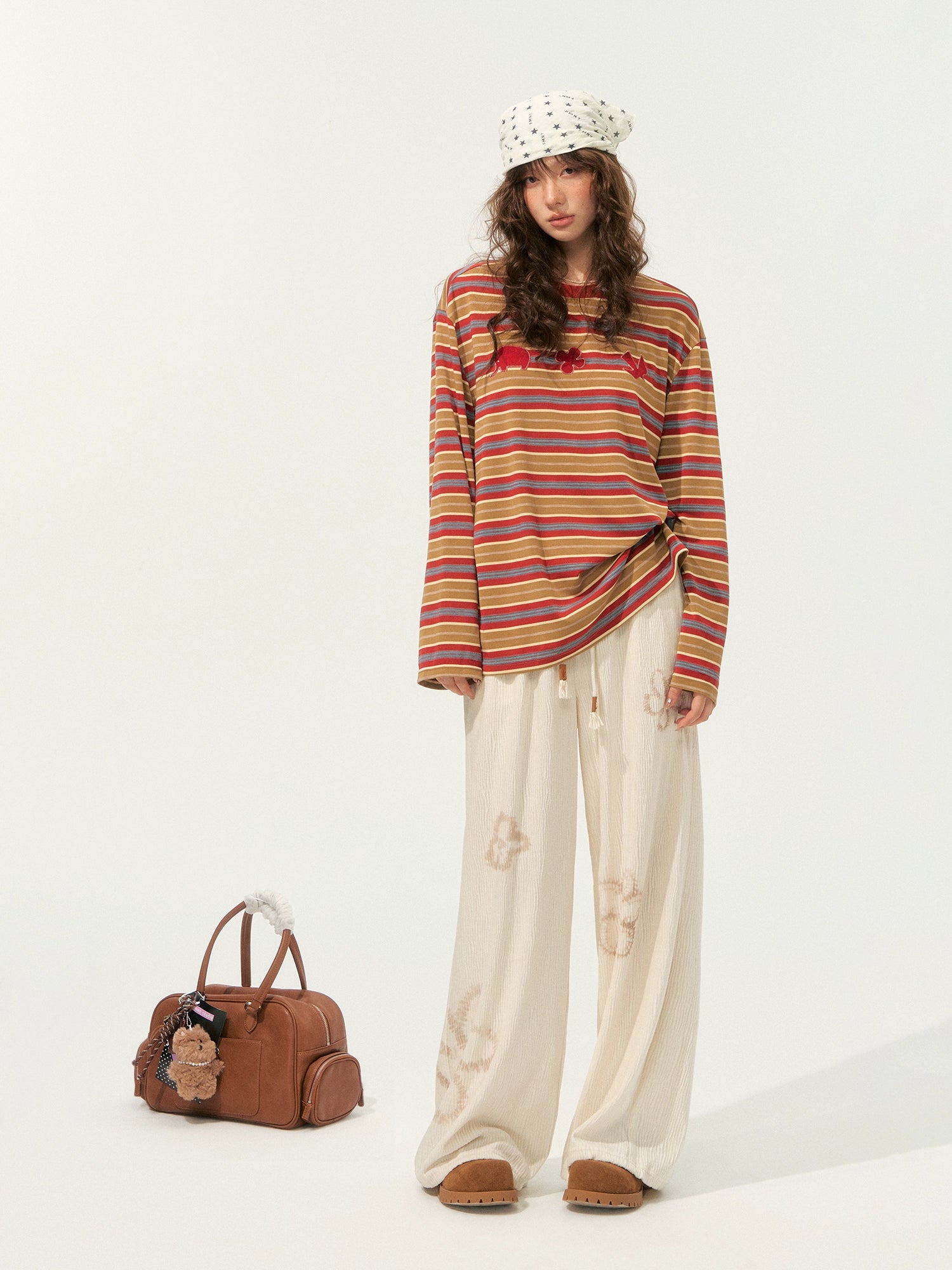 Color-Block Applique Embroidered Striped Long-Sleeve T-Shirt - CHINASQUAD