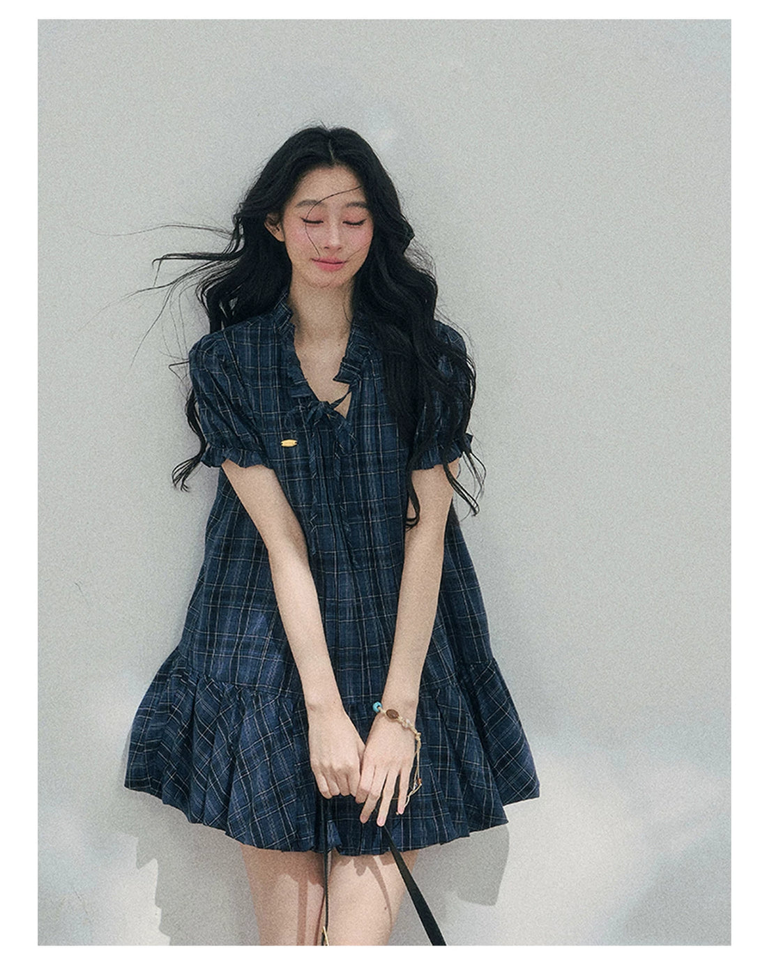Soft Pleated Puff-Sleeve Mini Dress