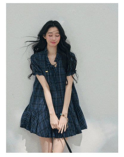 Soft Pleated Puff-Sleeve Mini Dress