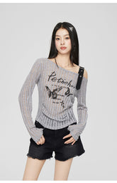 Gray & Beige Hollow Off-shoulder Long Sleeve T-shirt - CHINASQUAD