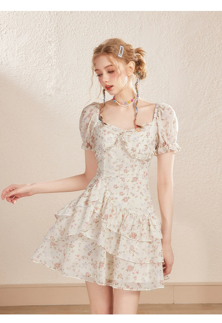 White Floral Puff Sleeve U-neck Dress