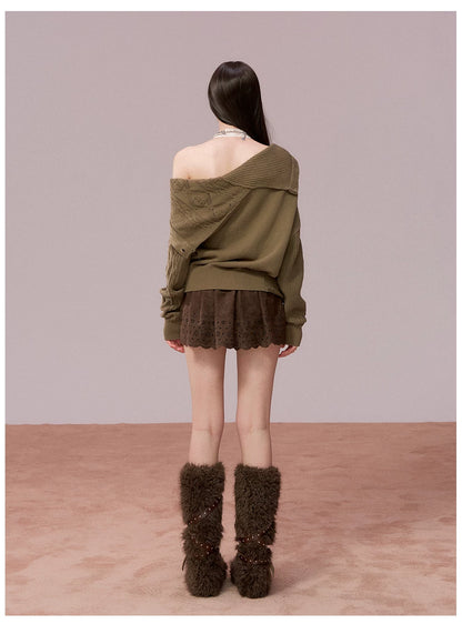 Oversized Collar Asymmetric Knit Sweater Jacket