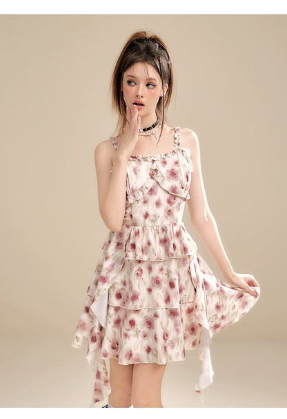 Apricot Floral Asymmetrical Strap Dress