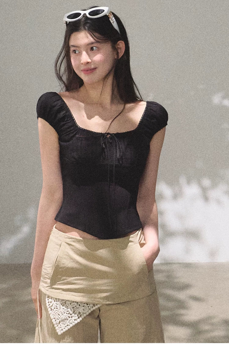 Ruched Waist Puff Sleeve Cropped T-shirt
