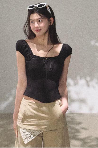 Ruched Waist Puff Sleeve Cropped T-shirt