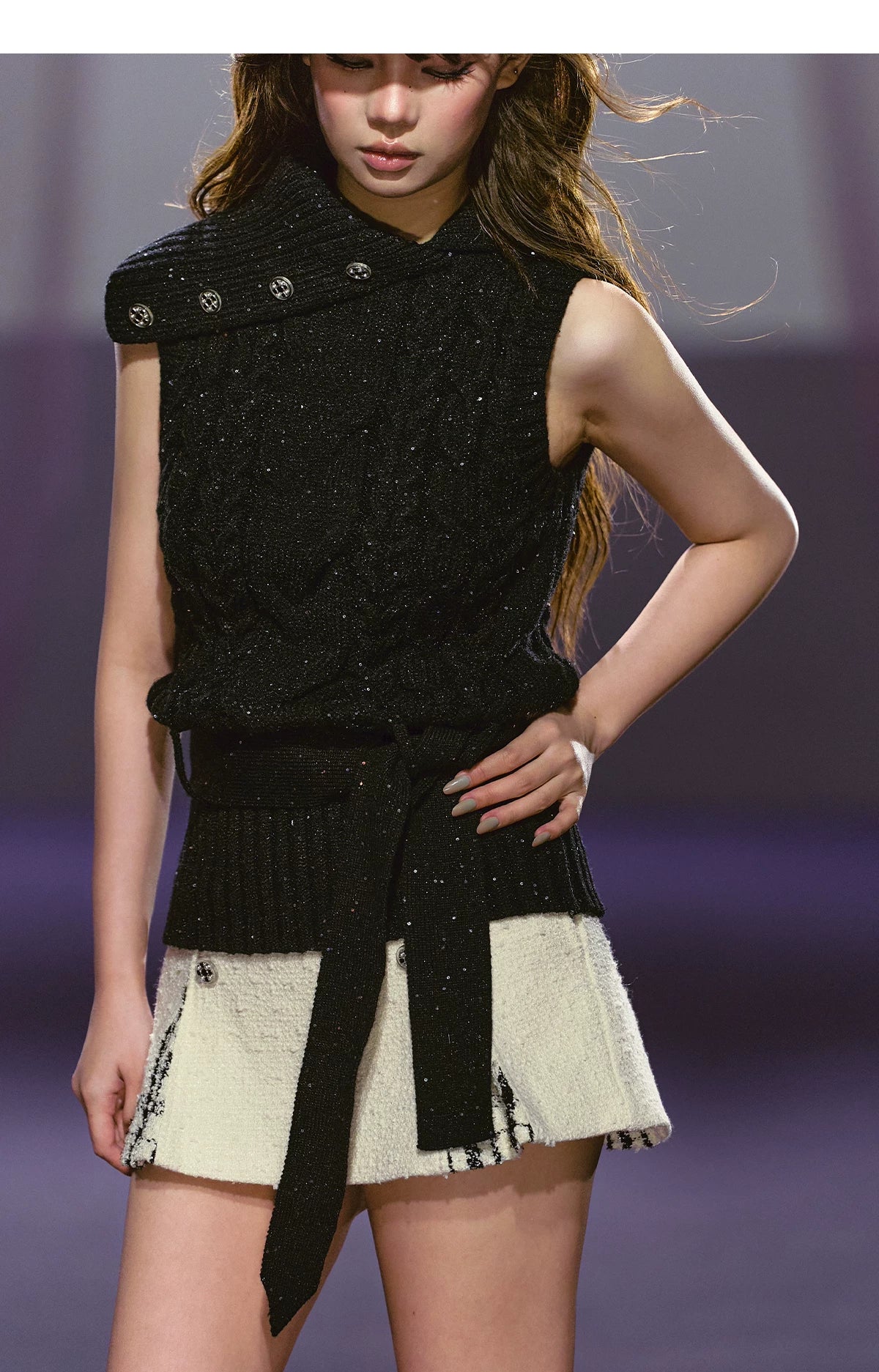 Tailored Double-Breasted Sequin Patchwork Pleated Mini Skirt