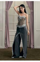 Gray Lace Panel Wide-Leg Pants - CHINASQUAD