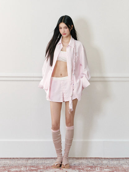 Pink Oversized Striped Shirt - CHINASQUAD